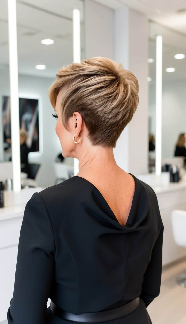 asymmetrical pixie haircut mature woman confident