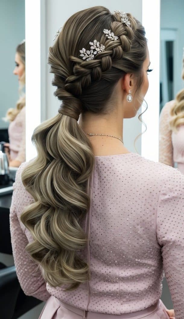 braided crown ponytail elegant waves prom hairstyle romantic