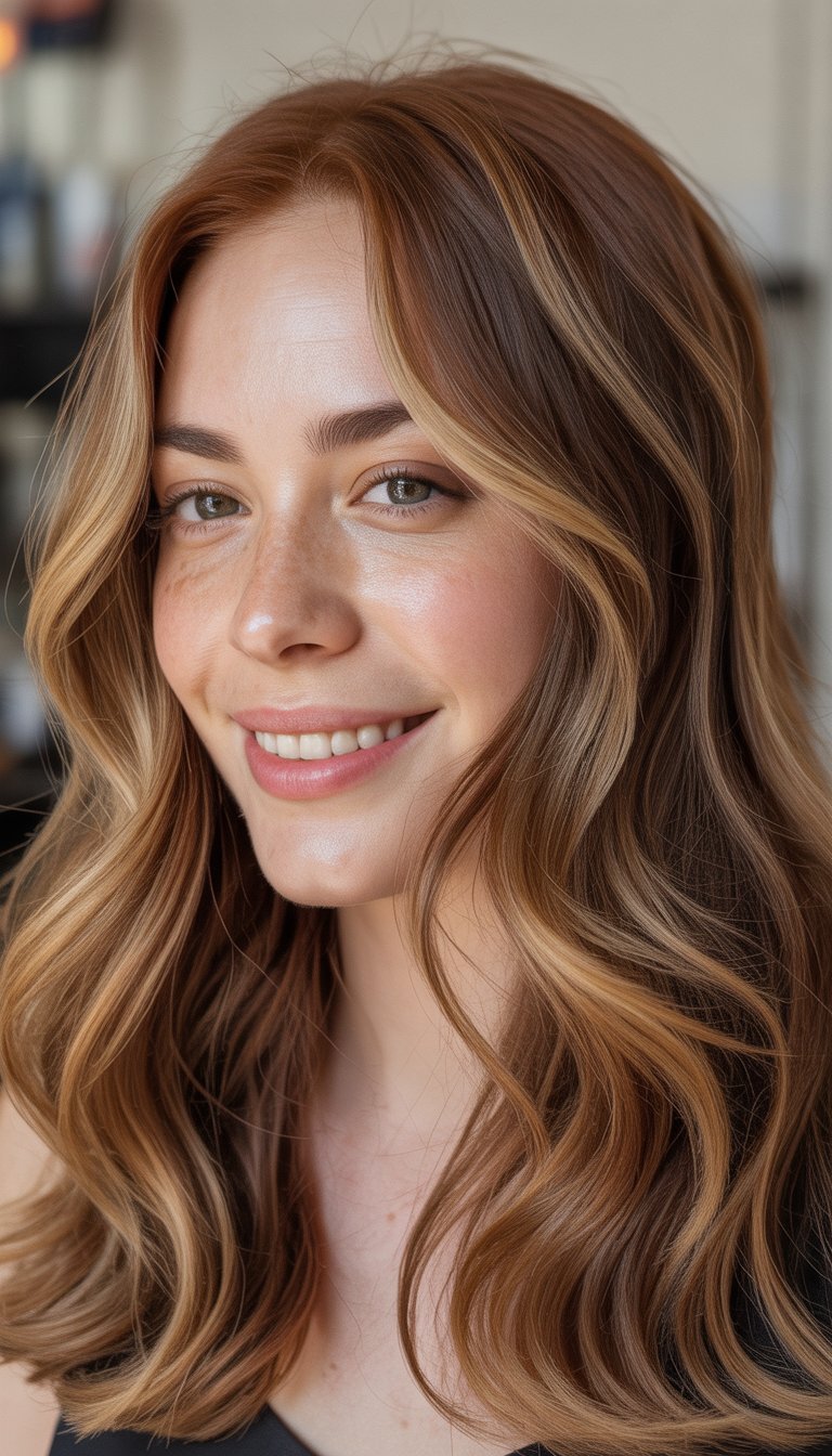 caramel highlights on light auburn base hair