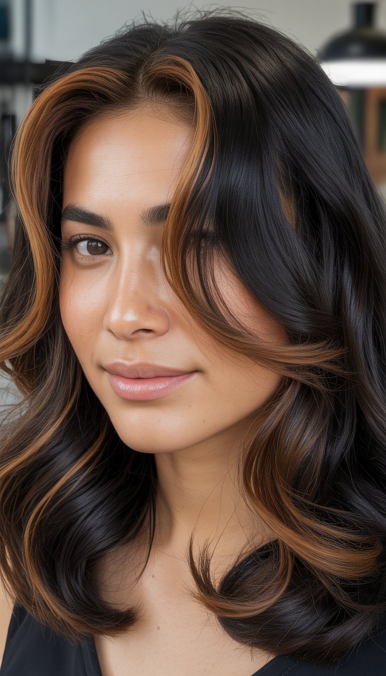 caramel highlights on black hair