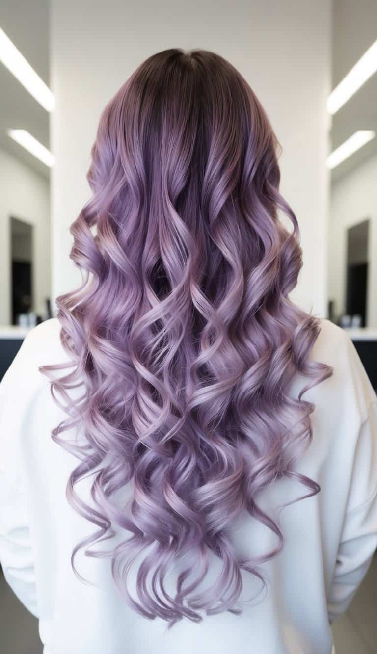 cascading lavender curls in varying shades balayage