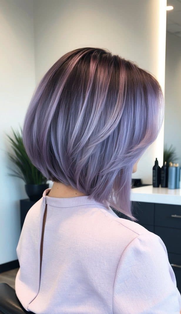 layered bob with cool lavender balayage in salon chair