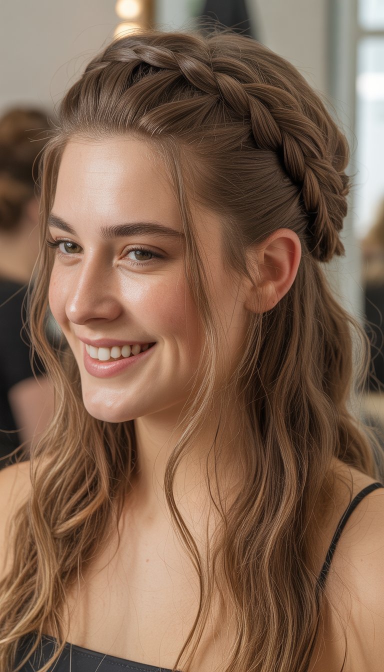 crown braid half up prom hairstyle