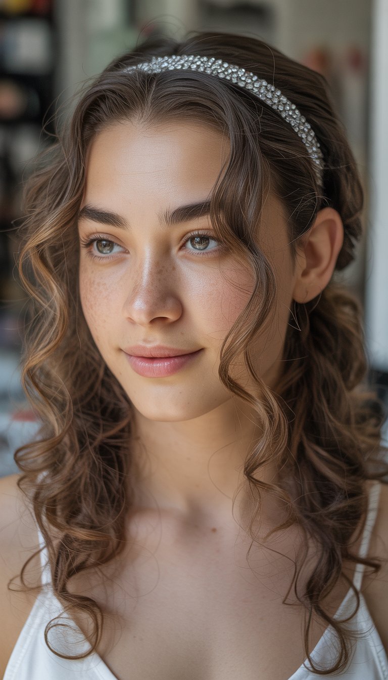 curly half up with crystal headband prom hairstyle
