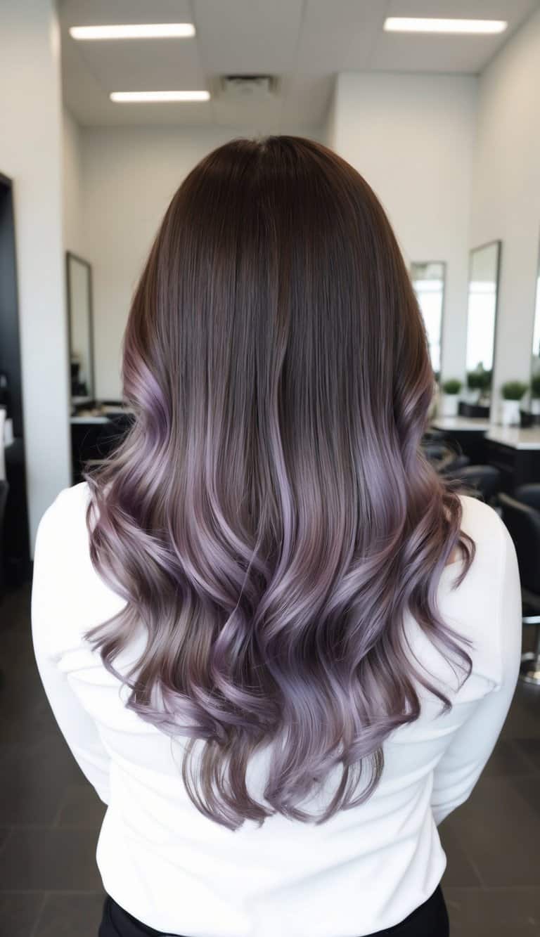 dark lavender balayage on brown hair with natural waves