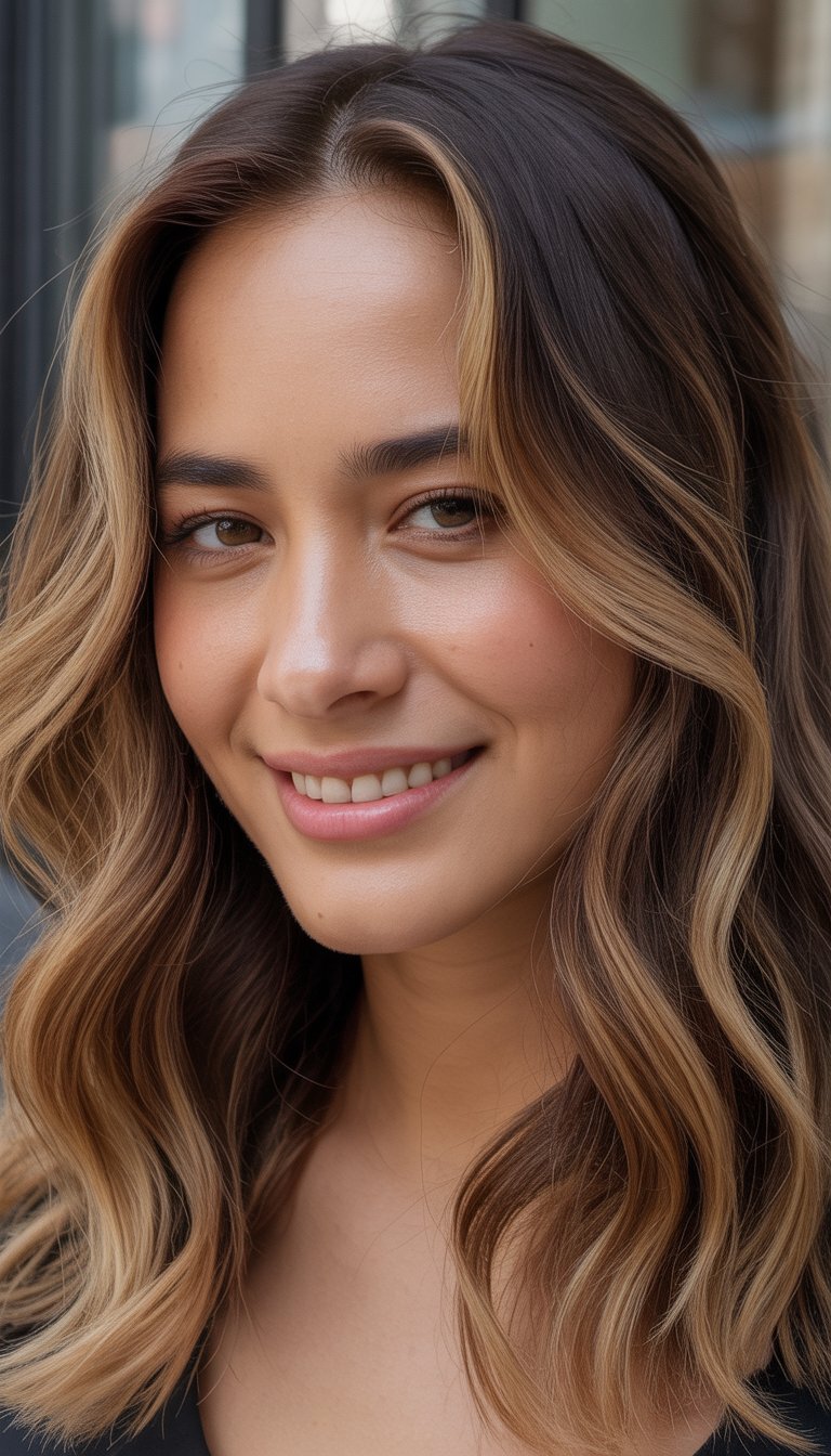 dramatic caramel balayage highlights hair