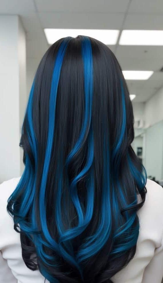 electric blue streaks black hair vivid bold graphic statement