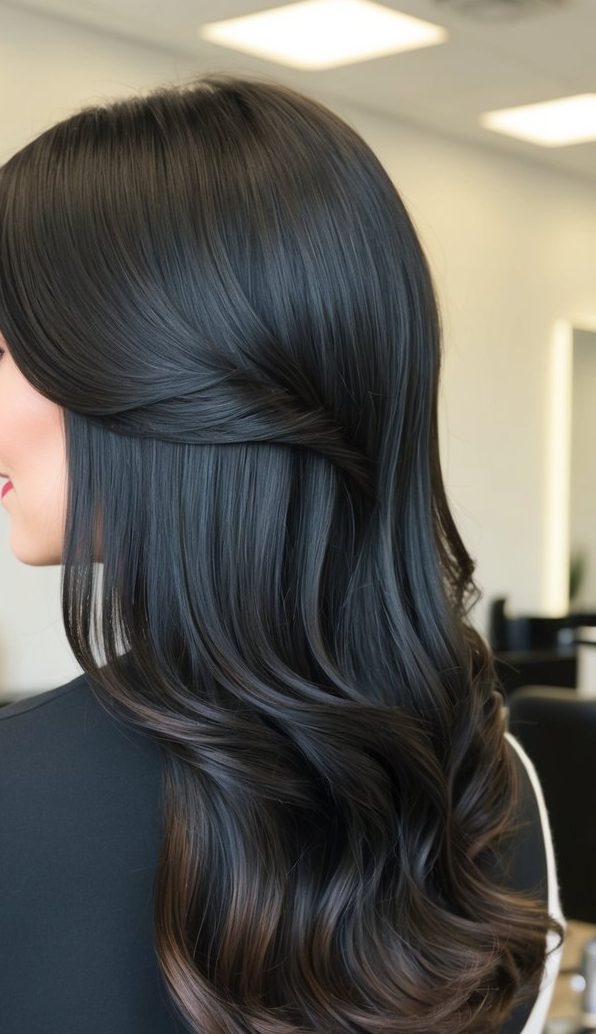elegant side part waves black hair