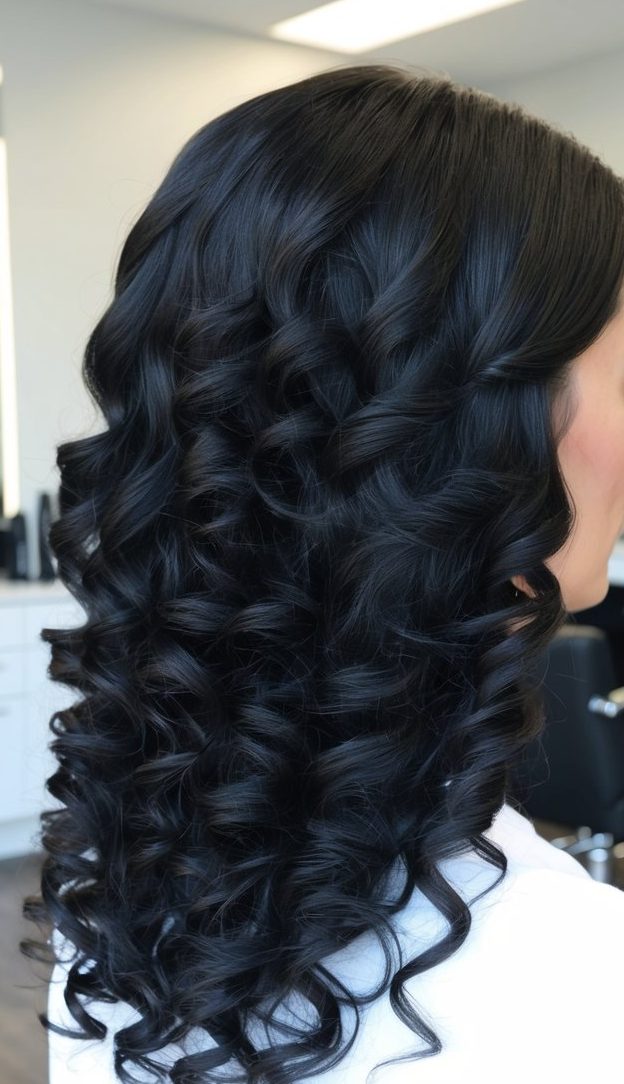 glossy jet black curls black hair