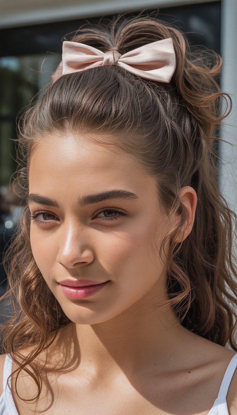 half up hairstyle with bow prom hairstyle