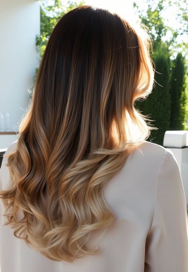 sun-kissed waves brunette to blonde ombre
