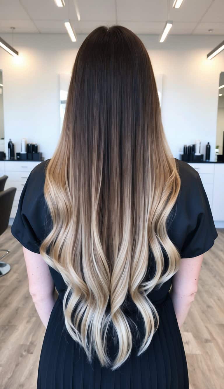 Warm chestnut fade brunette to blonde ombre