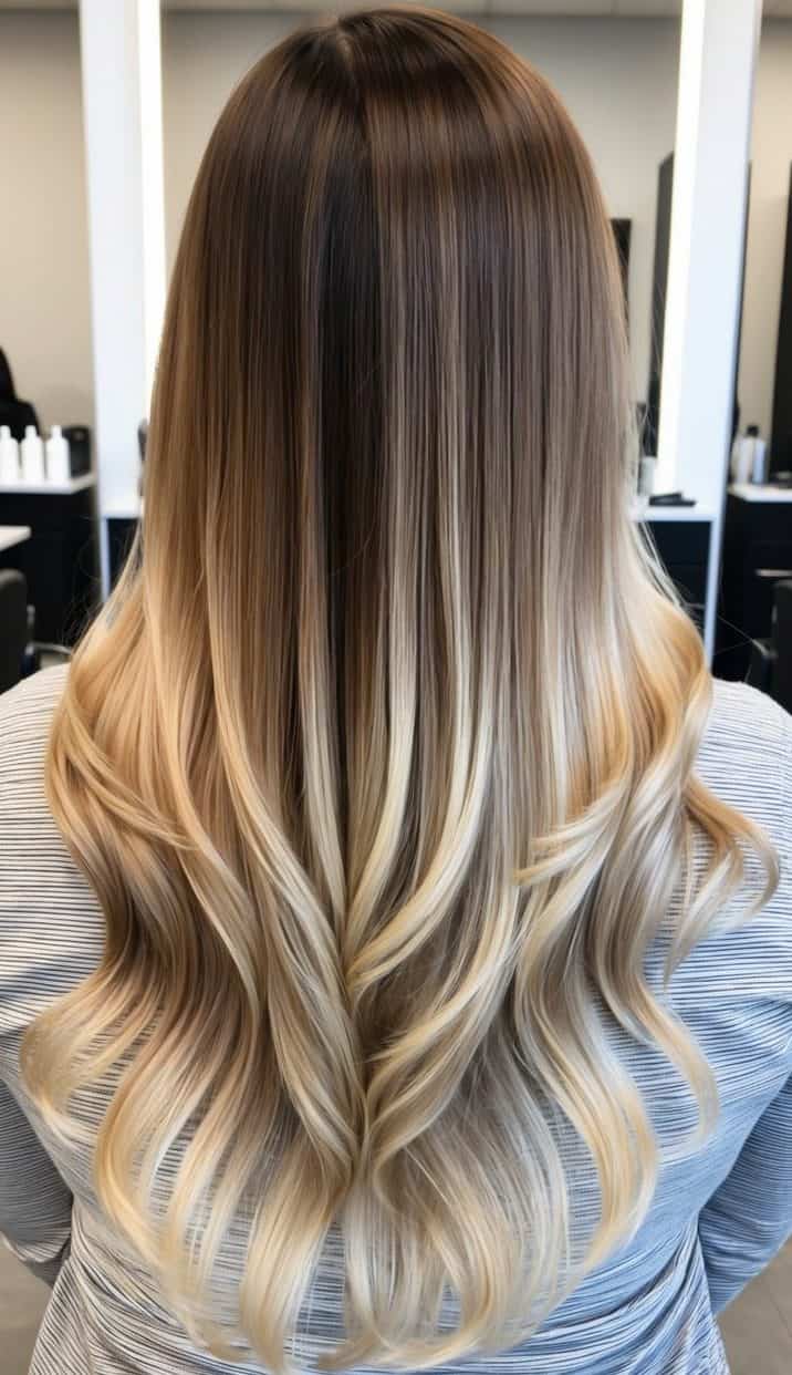 Sweet almond highlights brunette to blonde ombre