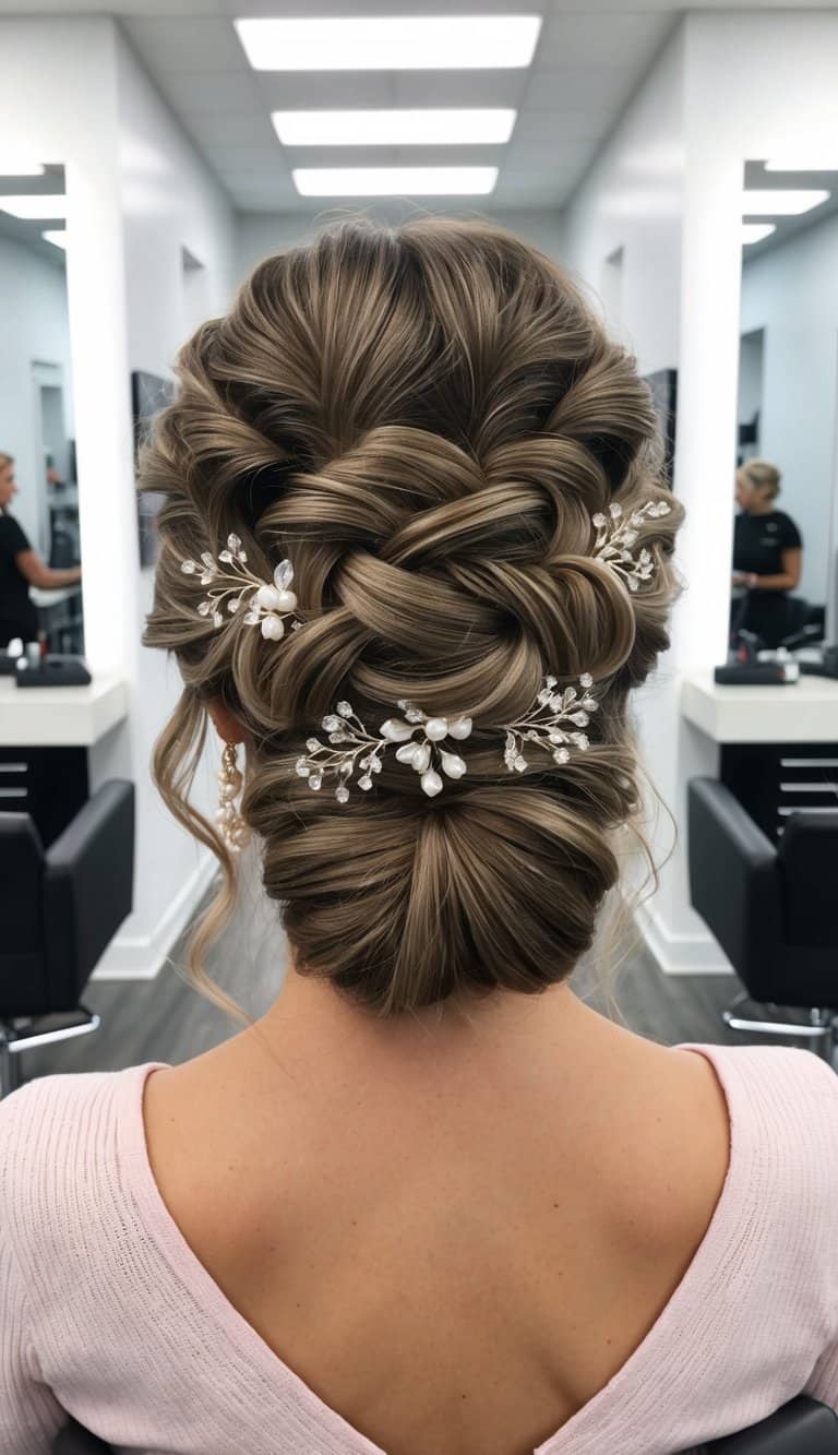 intricate braided updo pearl crystal accents prom hairstyle