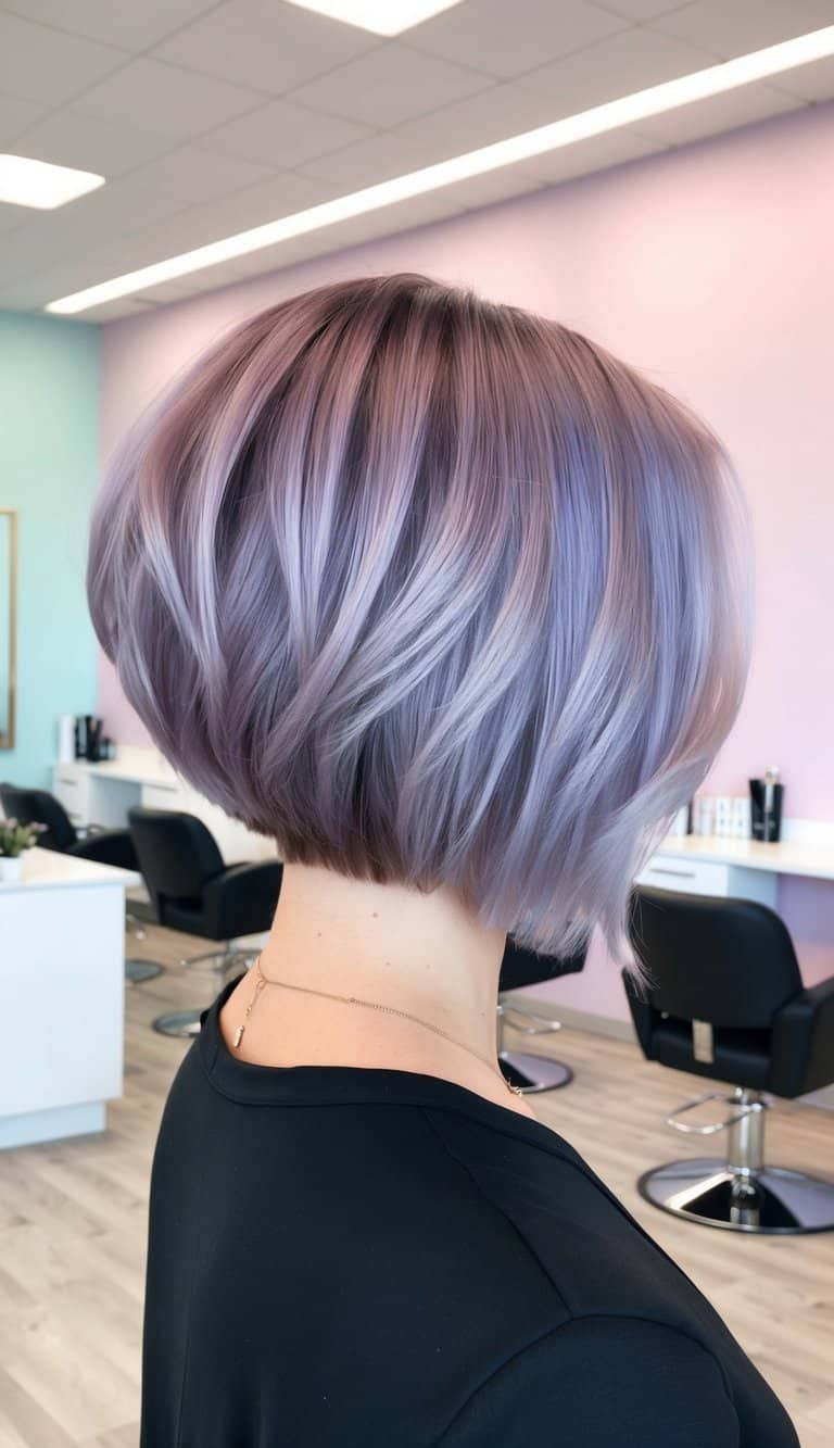 choppy bob with lavender balayage in soft waves