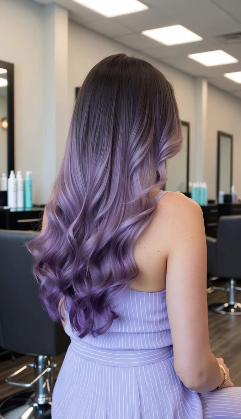 lavender balayage with deep violet ends in field