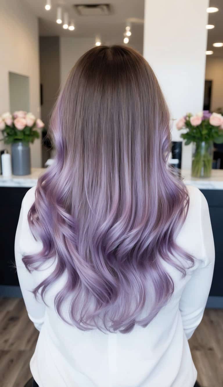 lavender balayage with fringe bangs surrounded by flowers