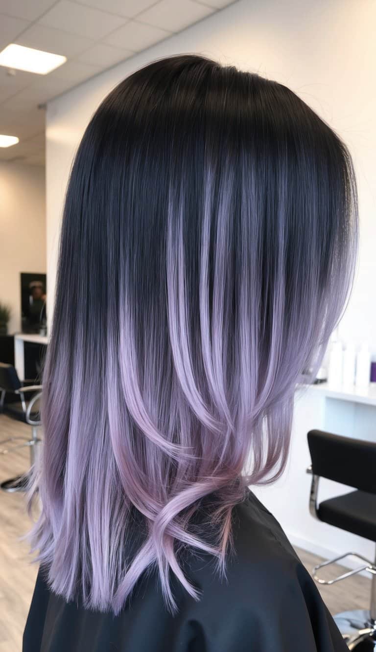 lavender balayage highlights on black hair with seamless blend