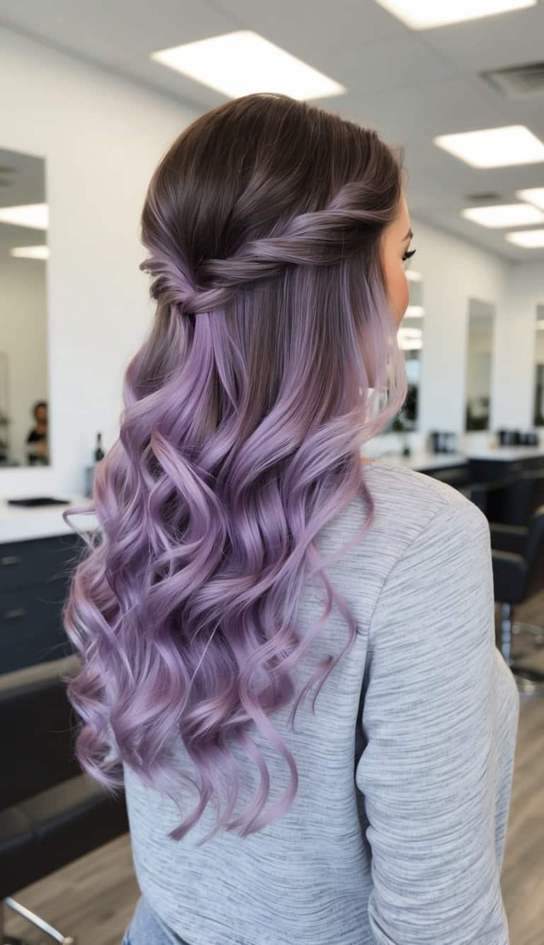 lavender balayage in loose curls in lavender field