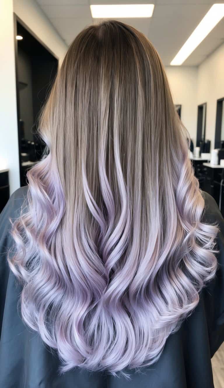 lavender balayage streaks dancing through dark locks