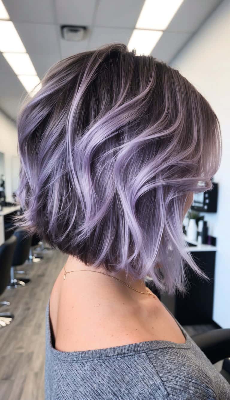 tousled lob with lavender balayage catching light