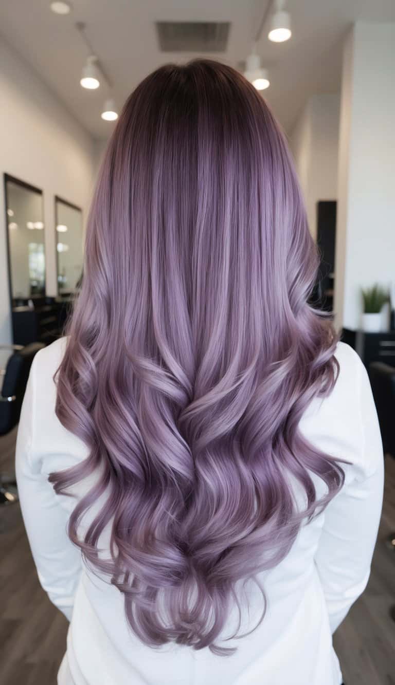 lavender and mauve balayage fusion cascading hair