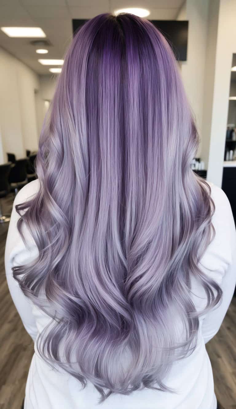 lavender and silver balayage blend cascading together