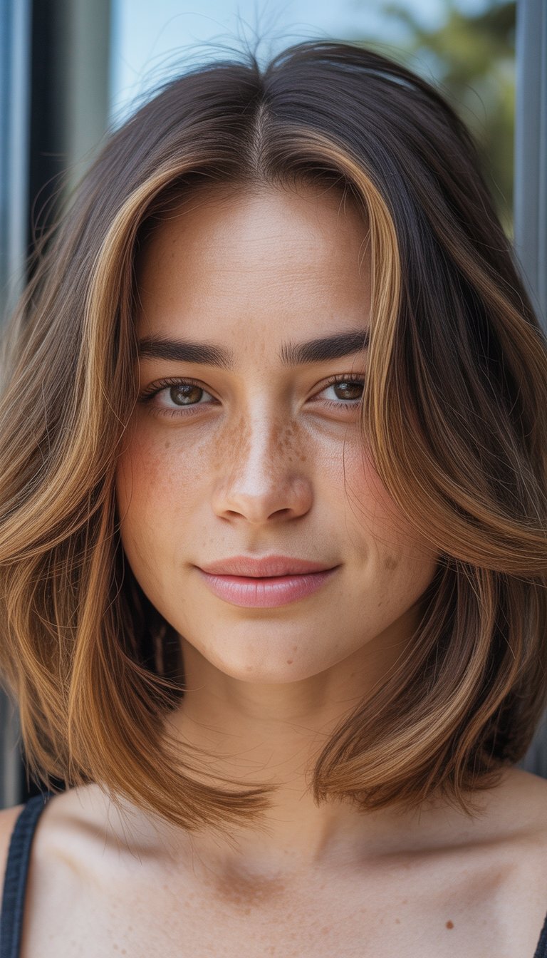 layered bob with caramel highlights hair