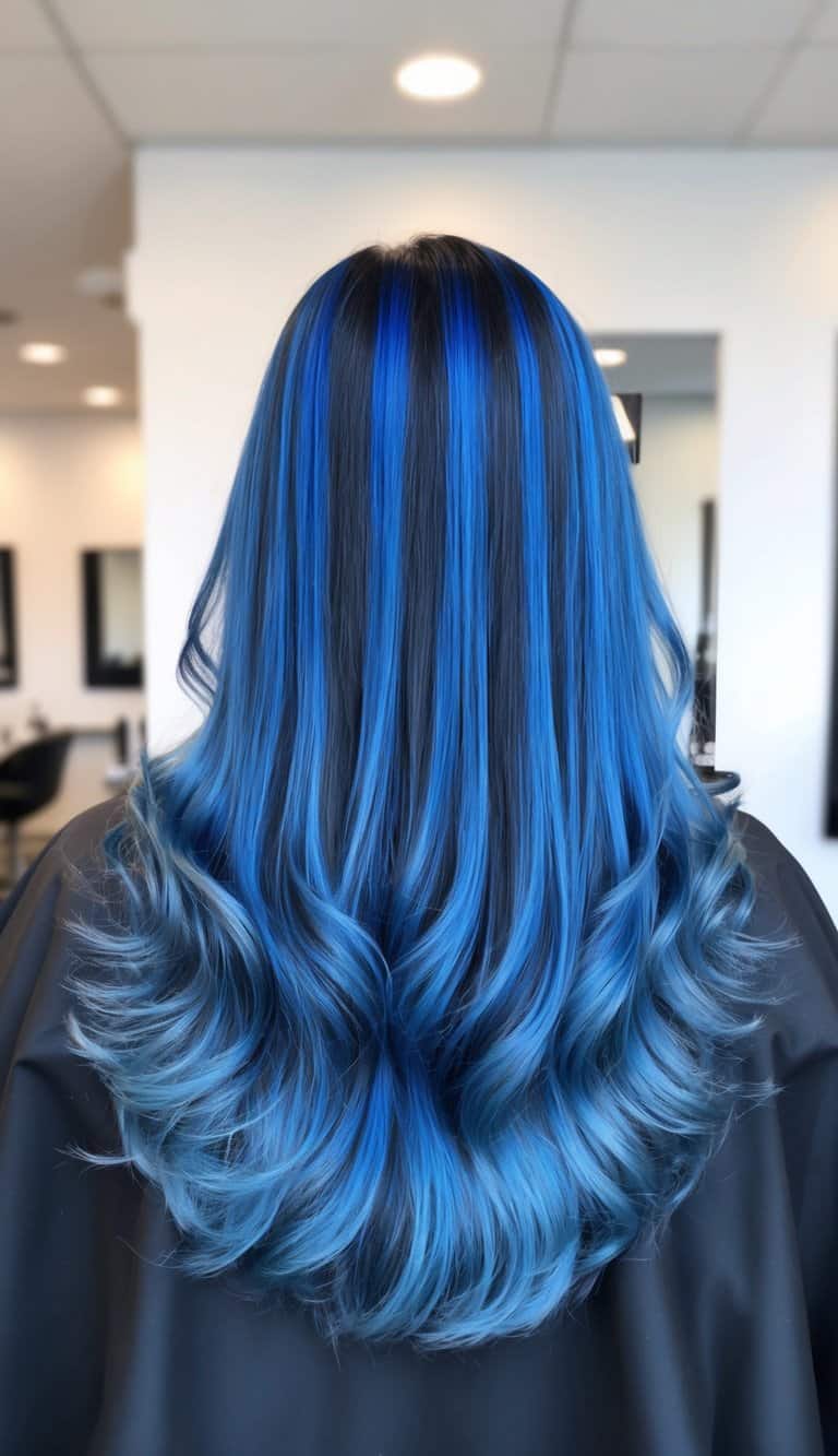 neon blue streaks balayage electric vivid bold graphic statement