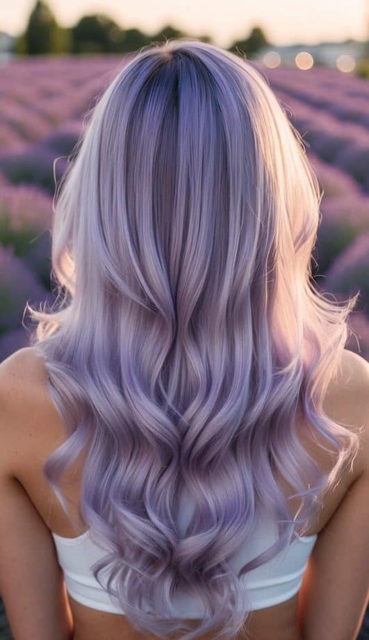 pastel lavender fade in field with sunset balayage