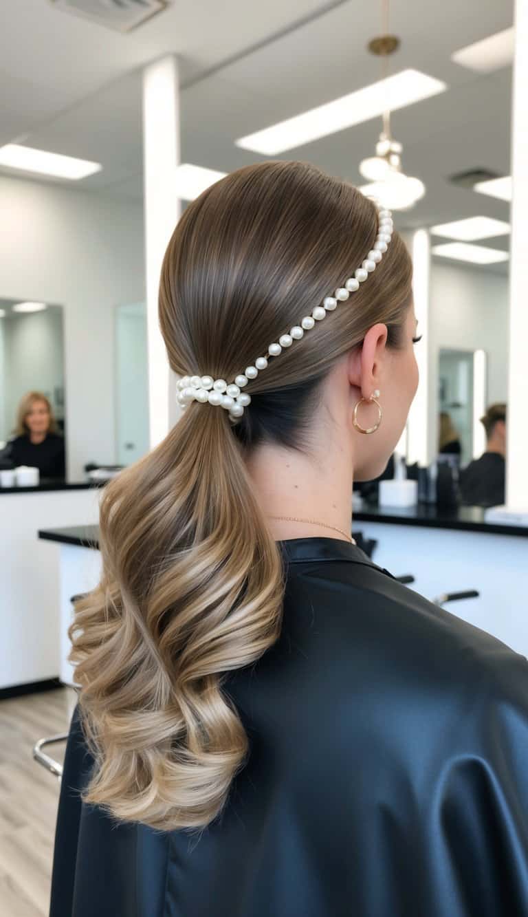 pearl studded ponytail elegant romantic accessorized