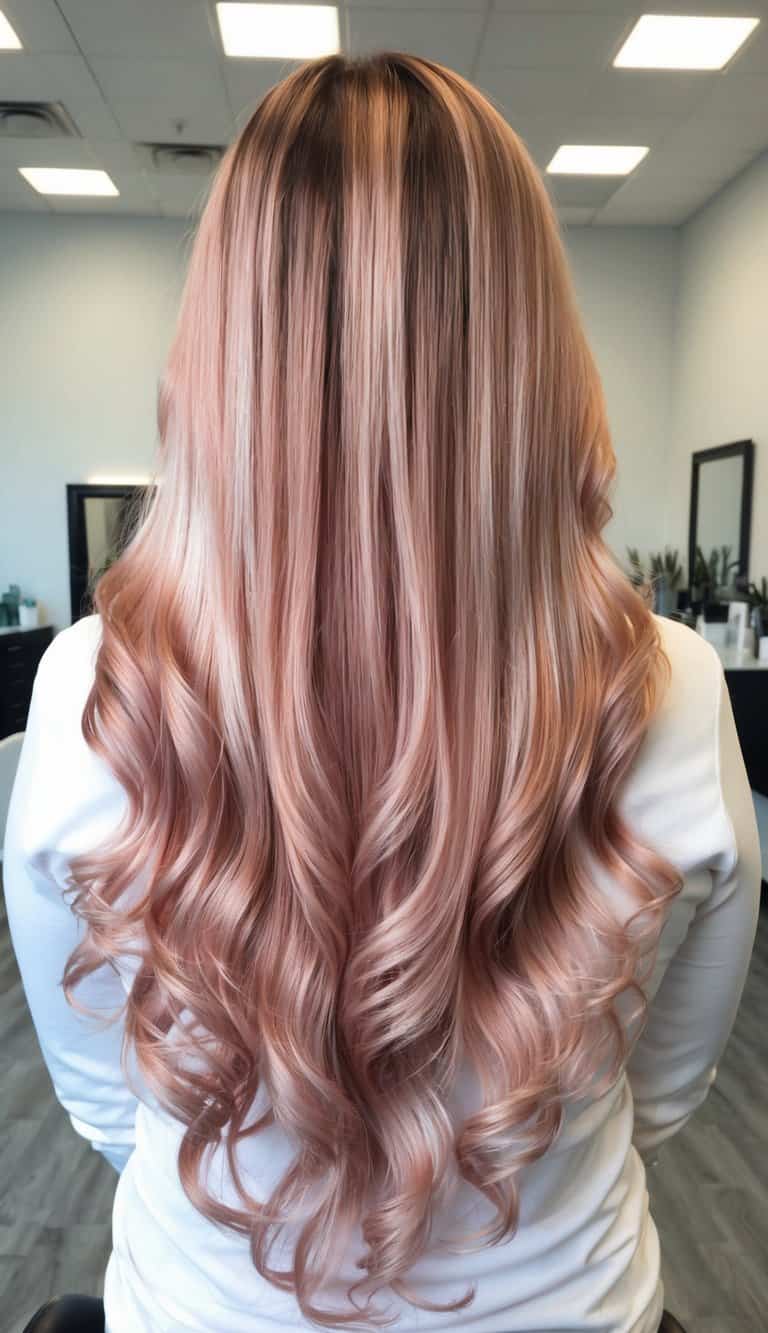 rose gold with dark roots balayage hair