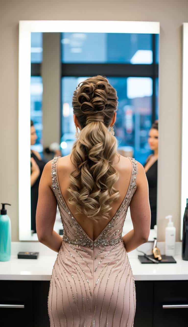 sculpted updo voluminous curled ponytail prom hairstyle dramatic
