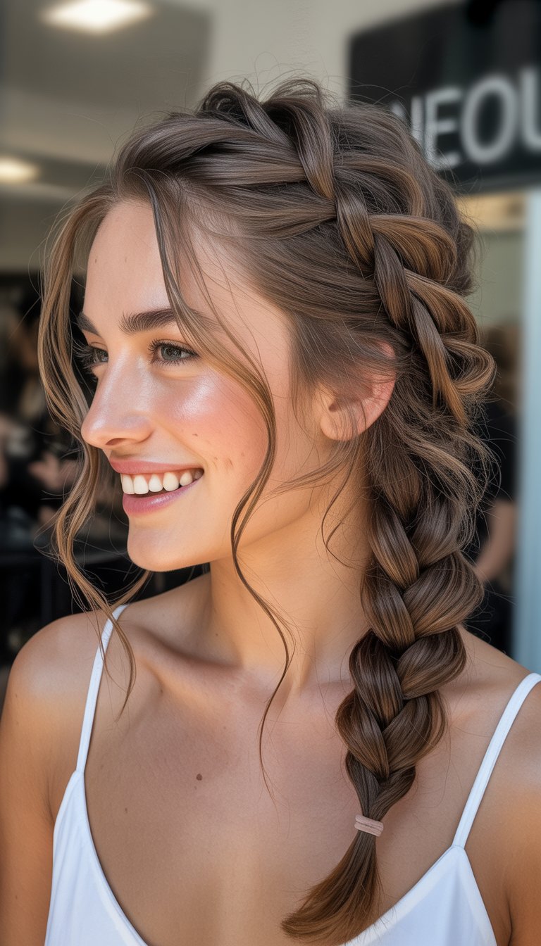 side braid with front pieces prom hairstyle