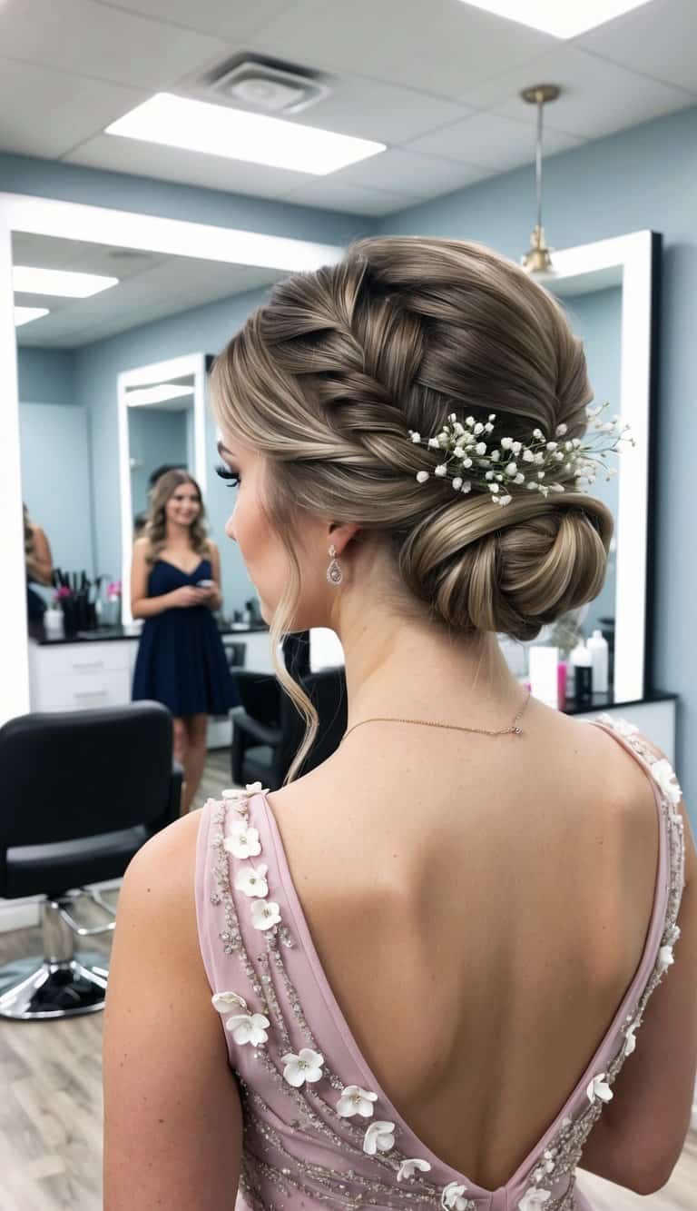 side bun twist prom hairstyle asymmetric romantic elegant