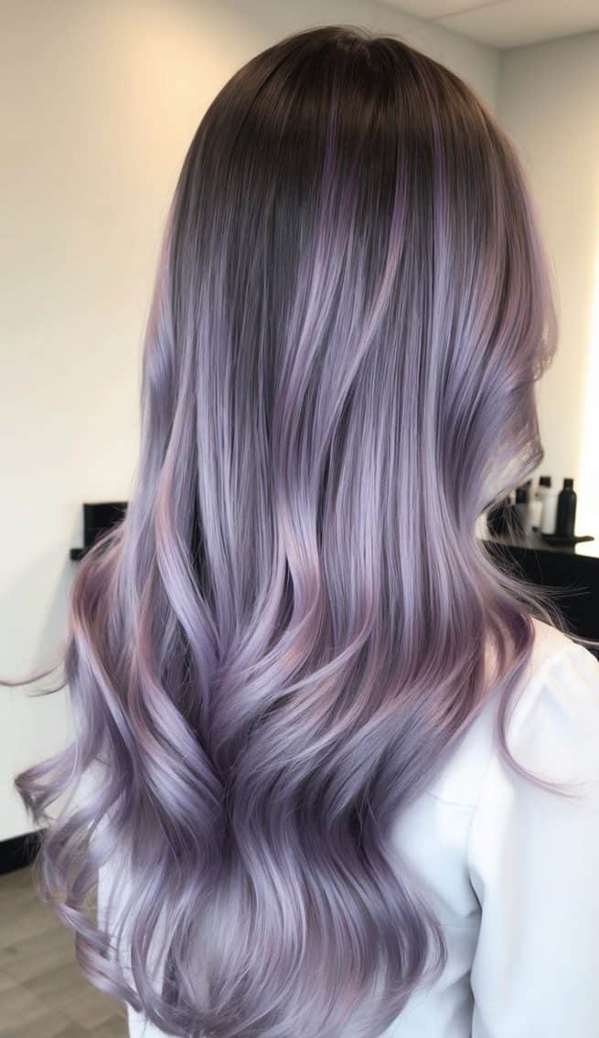 silky lavender balayage on wavy hair