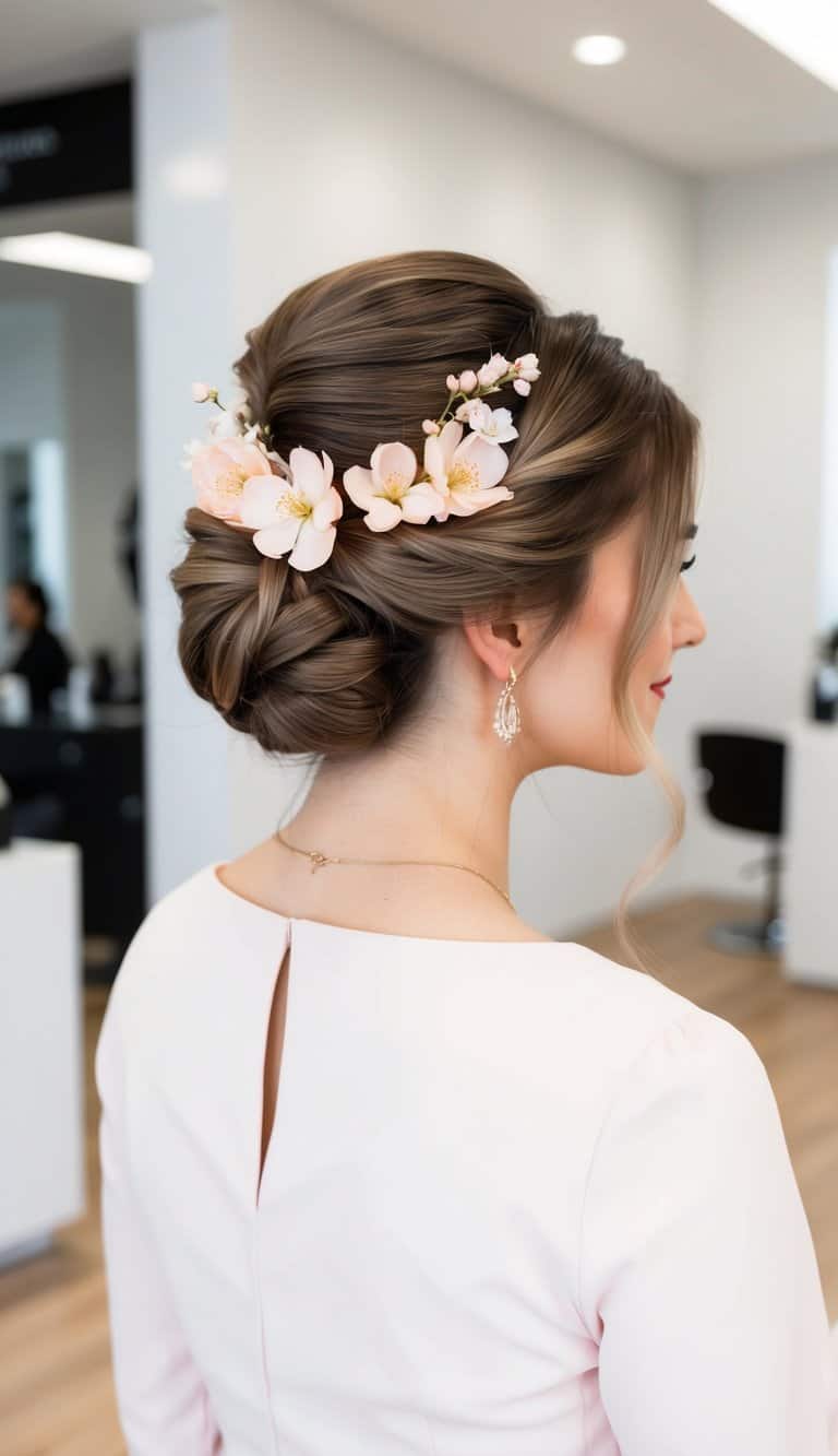 soft curls and florals updo hairstyle