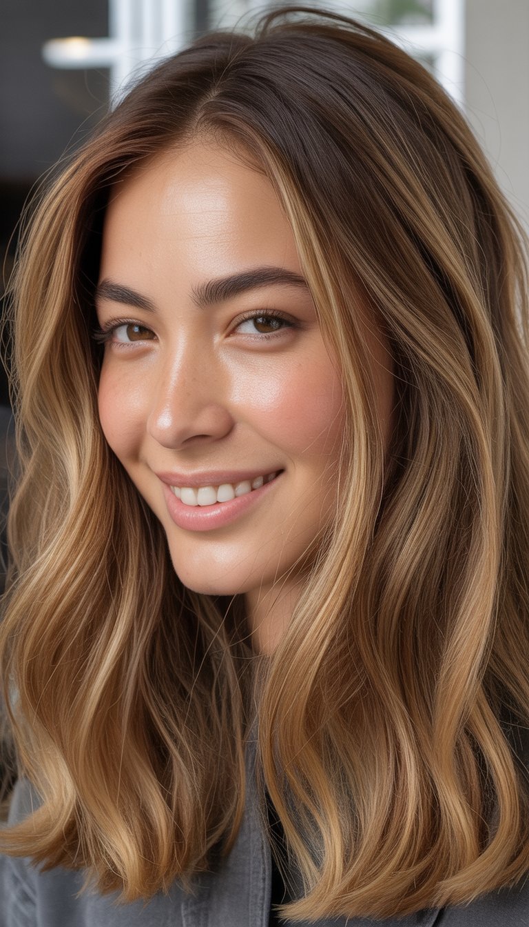 softly blended caramel highlights hair