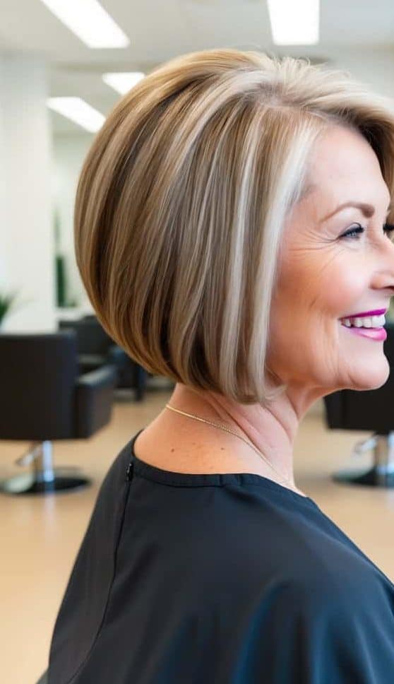 stacked bob haircut women over 60 smiling confident