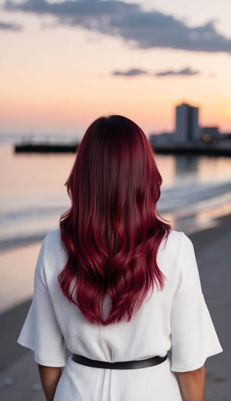 sunset ruby red balayage hair
