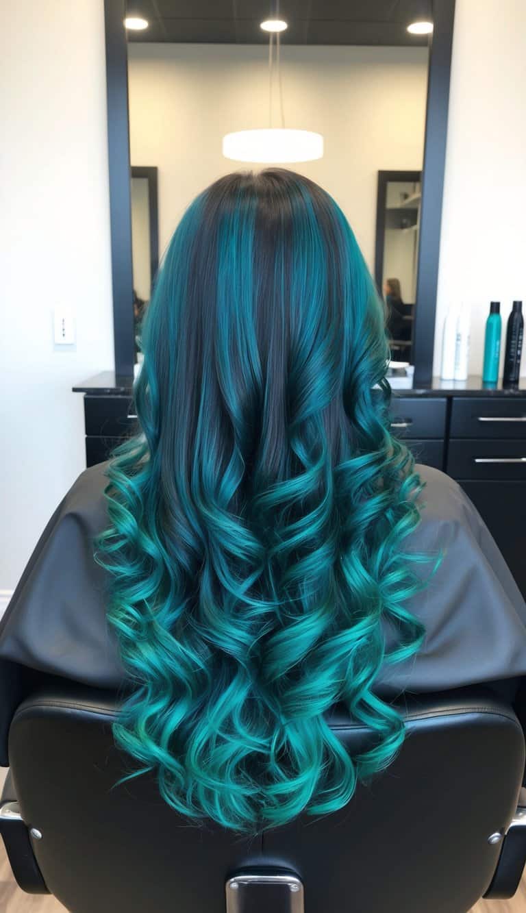 teal accentuated curls balayage hair