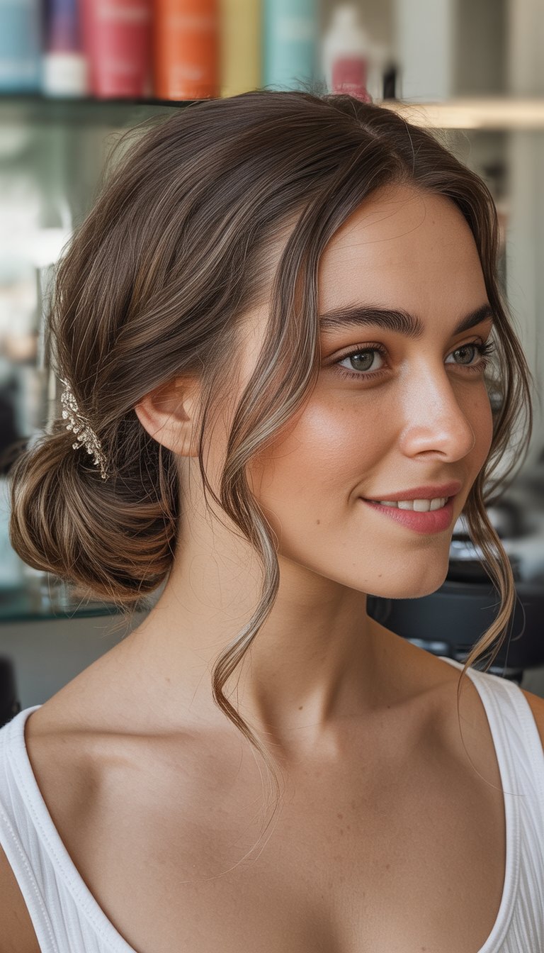 textured low bun with sparkly pin prom hairstyle