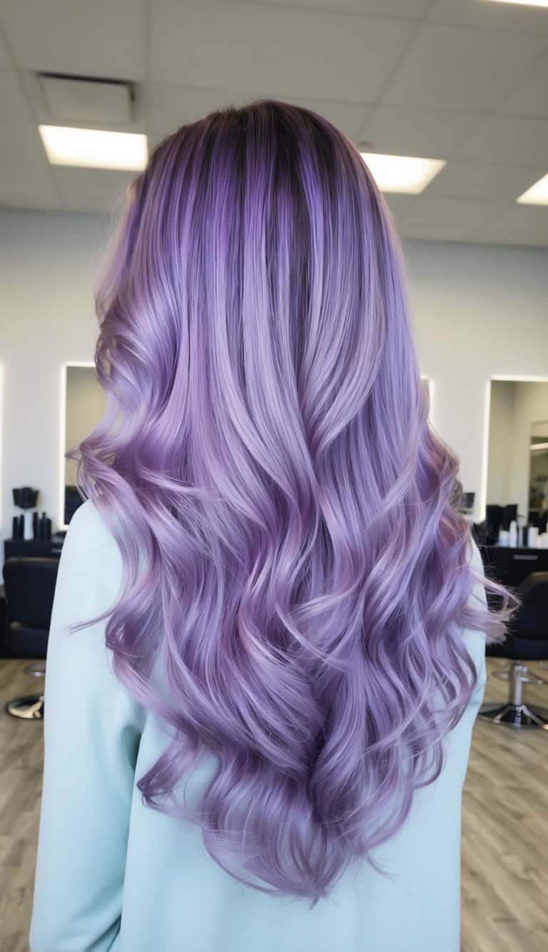 vivid lavender balayage on thick hair catching light