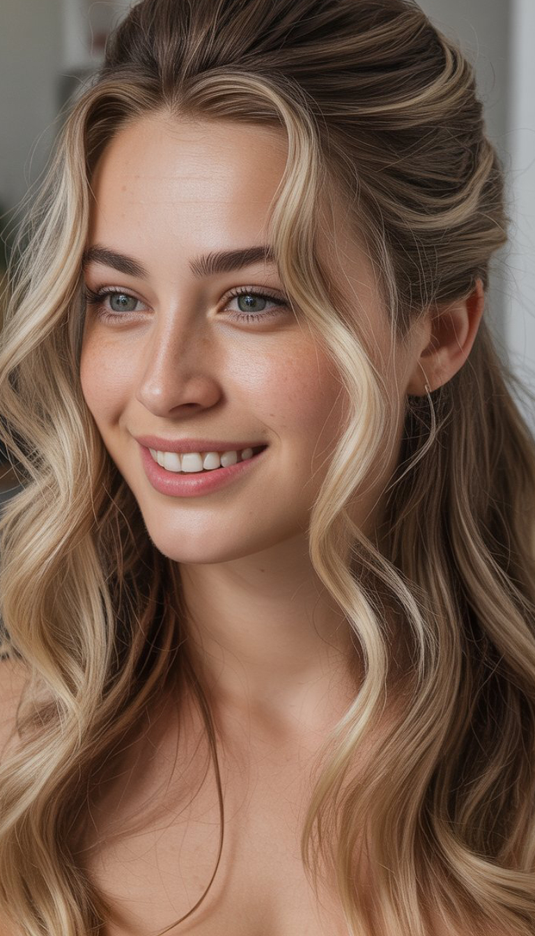 voluminous half up waves prom hairstyle