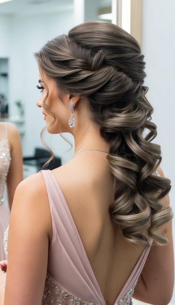 voluminous twisted half updo cascading curls prom hairstyle