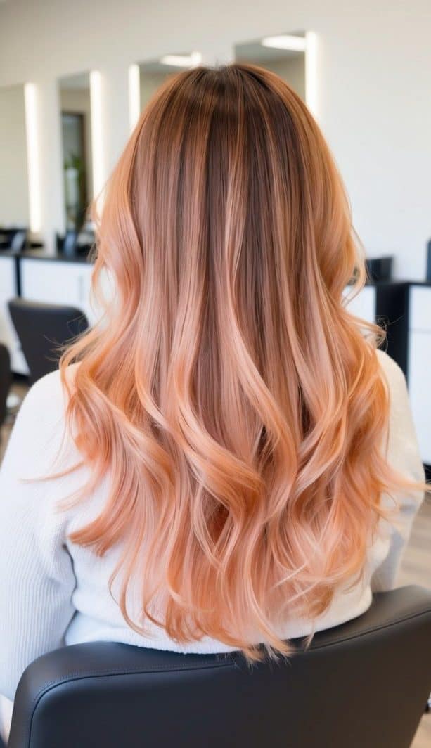 warm apricot blends peach balayage hair