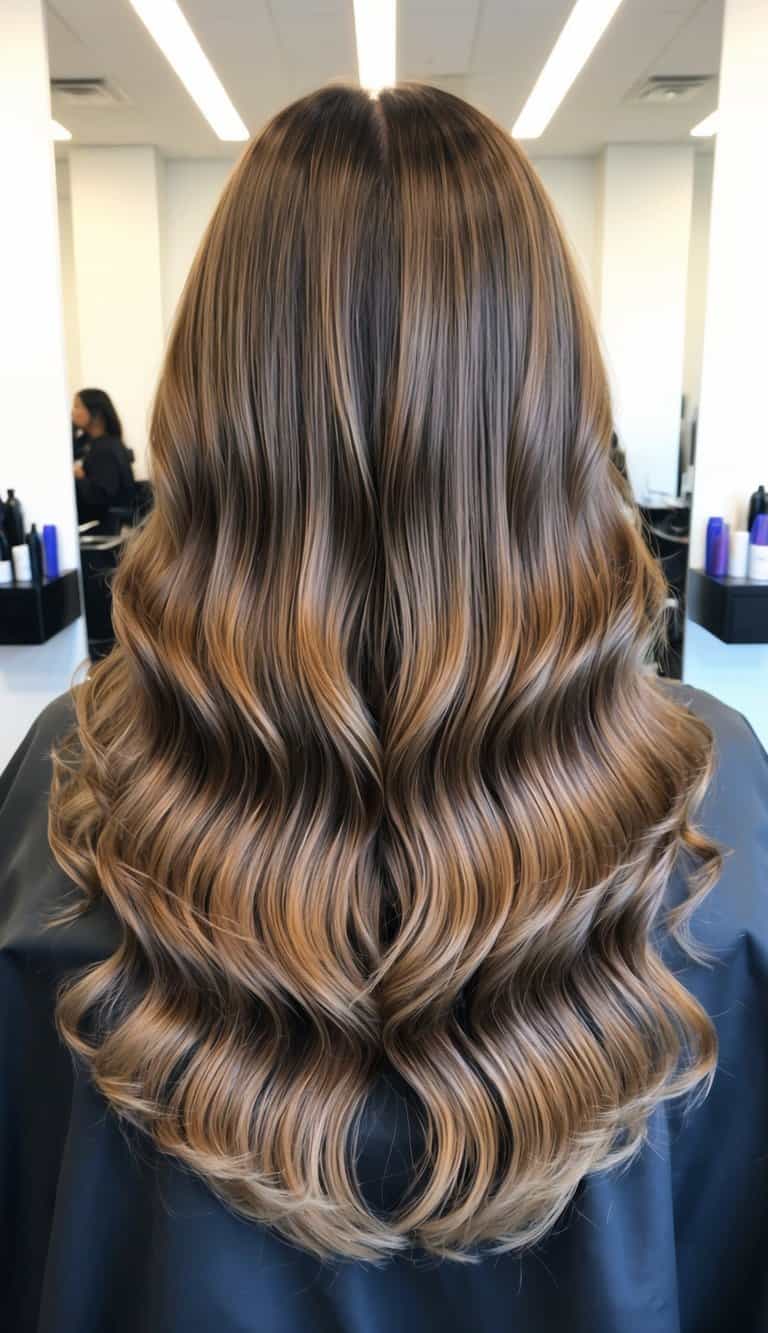 warm ash brown waves balayage dimensional brunette highlights