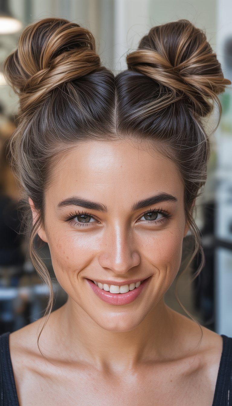 classic space buns hairstyle