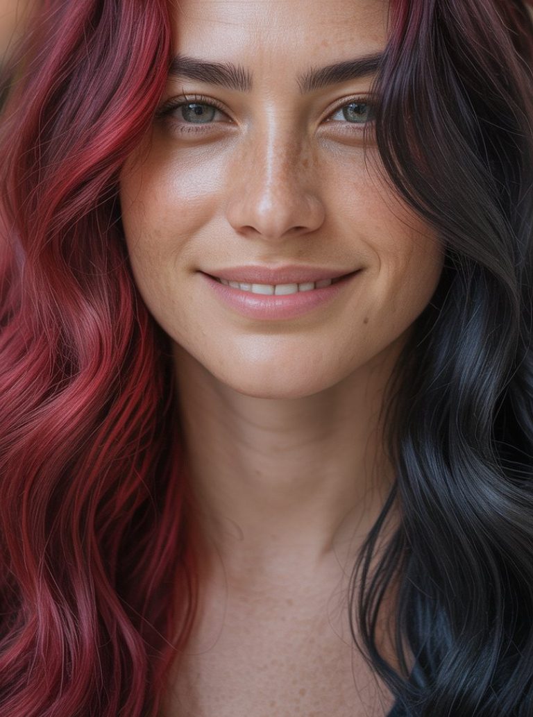 bold red and jet black split dye hair