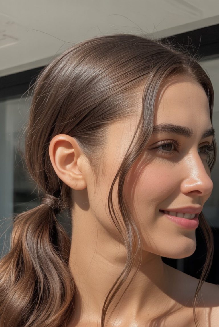 sleek low ponytail humidity-proof hairstyle